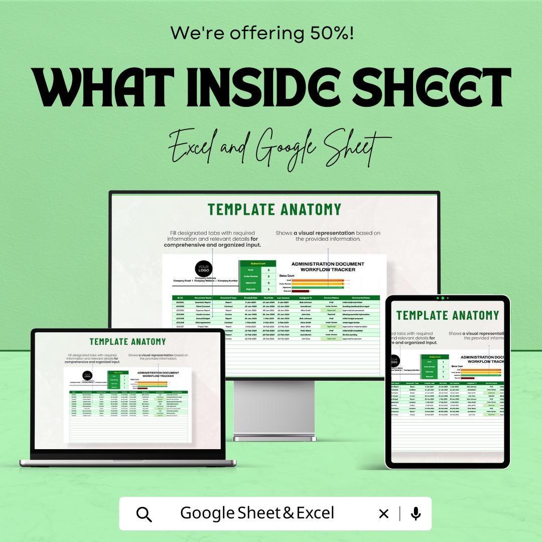 Administration Document Workflow Tracker Template | Excel & Google Sheets | Document Management System | Office Workflow Tracker