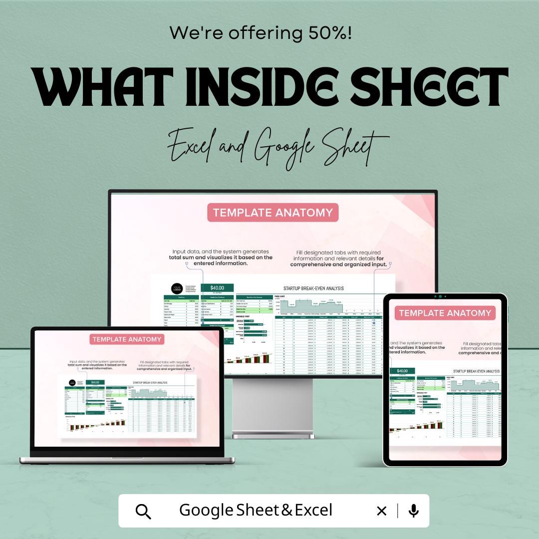 Startup Break Even Analysis Template | Excel & Google Sheets | Break Even Calculator | Business Financial Planning Spreadsheet