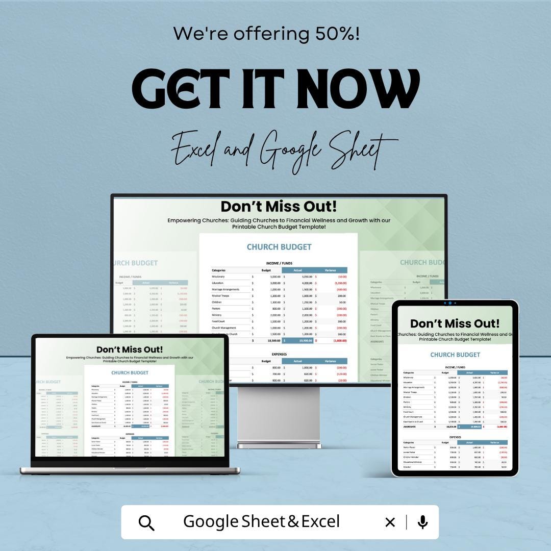 Printable Church Budget Template Excel Google Sheets | Church Financial Planner Spreadsheet | Ministry Budget Tracker | Donation Expense