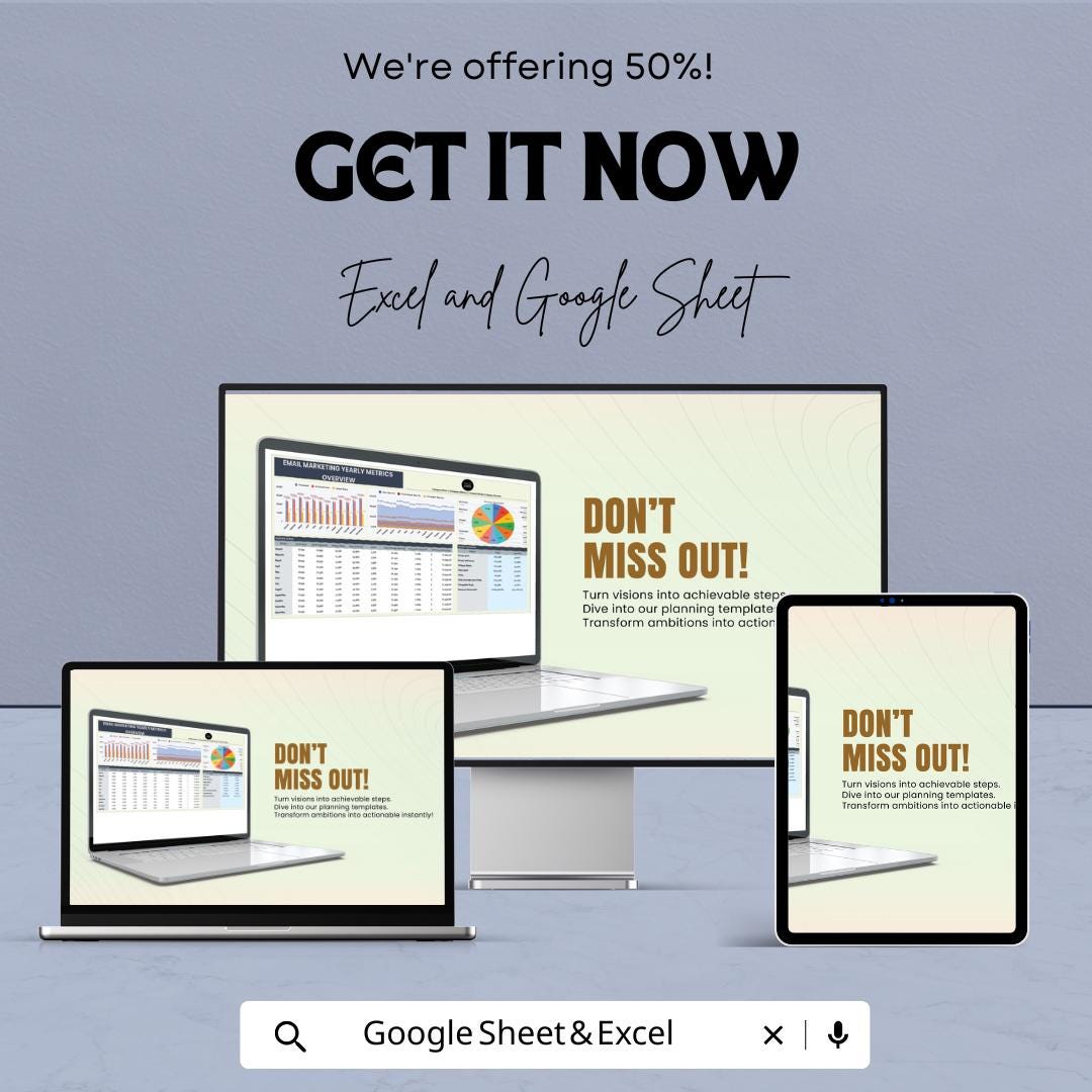 Email Marketing Yearly Metrics Overview Template | Email Analytics Dashboard | KPI Tracker Spreadsheet | Email Performance Report