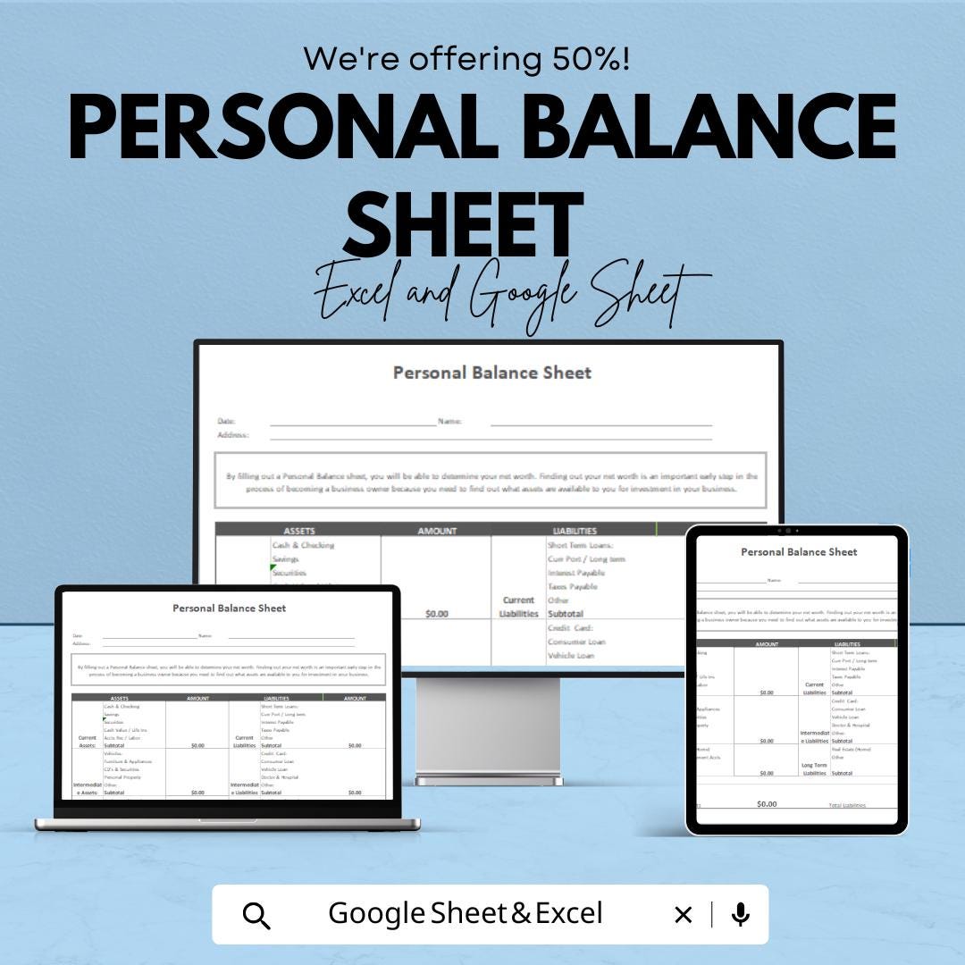 Personal Balance Sheet | Excel and Google Sheet | 50% OFF | Track Assets & Liabilities Template