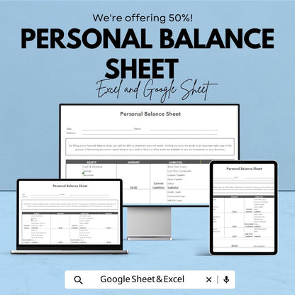 Personal Balance Sheet | Excel and Google Sheet | 50% OFF | Track Assets & Liabilities Template