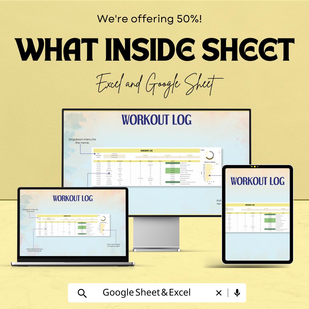 Workout Log Sheet | Fitness Tracker | Excel & Google Sheets | Exercise Planner | Training Log | Workout Schedule | Printable Fitness Sheet