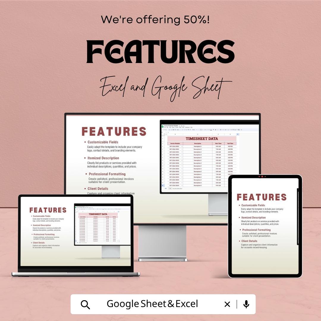 Invoice Timesheet Template | Freelancer Invoice Tracker | Work Hours Log Sheet | Billing Timesheet Sheet | Service Invoice Template