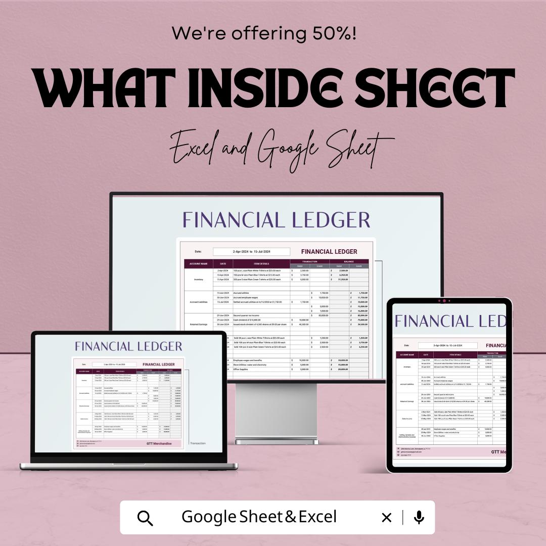 Financial Ledger Sheet | Excel & Google Sheets | Expense Tracker | Accounting Spreadsheet | Business Bookkeeping Template