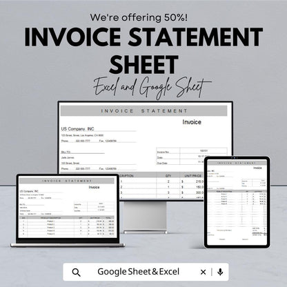 Invoice Statement Sheet Template | Excel and Google Sheets | Business Invoice Form | Billing & Payment Tracker | Digital Download