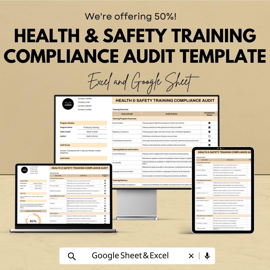 Health and Safety Training Compliance Audit Template Excel Google Sheets, Safety Compliance Checklist, Workplace Safety Audit Spreadsheet