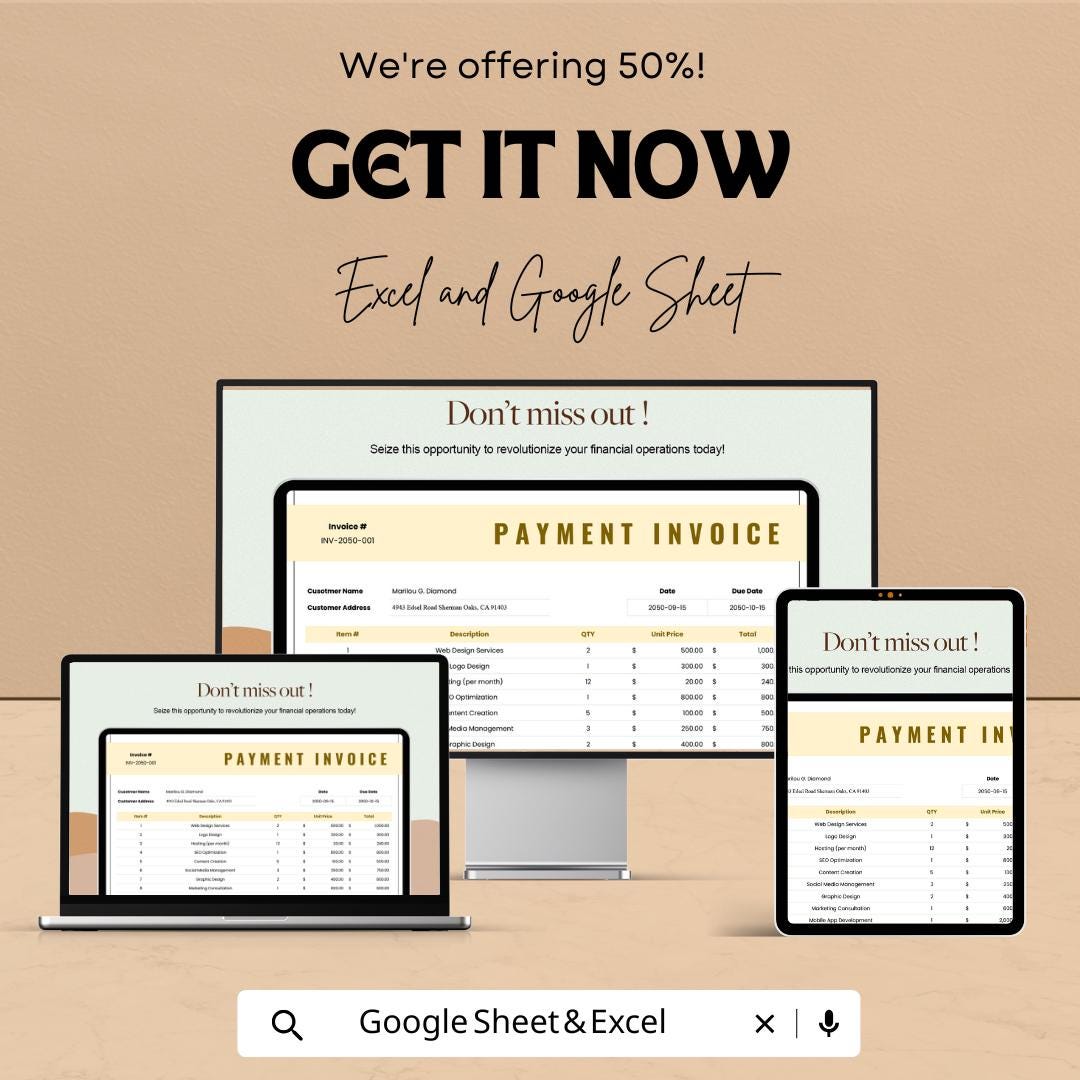 Payment Invoice Template | Google Sheets & Excel | Business Invoice Generator | Billing Statement | Editable Professional Invoice