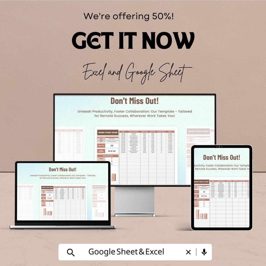 Work From Home Template | Remote Work Tracker | Excel & Google Sheets | Productivity Planner | Daily Task Log | Work Hours Tracker