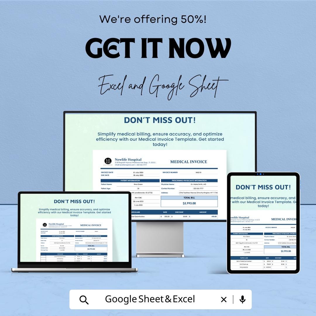 Medical Invoice Sheet - Customizable Template for Healthcare Billing, Excel & Google Sheets, Easy-to-Use Medical Invoice Format
