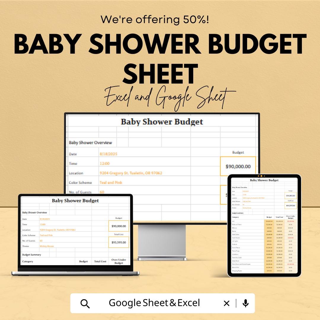 Baby Shower Budget Sheet | Excel & Google Sheets Template | Event Planner Budget Tracker | Printable Baby Shower Organizer