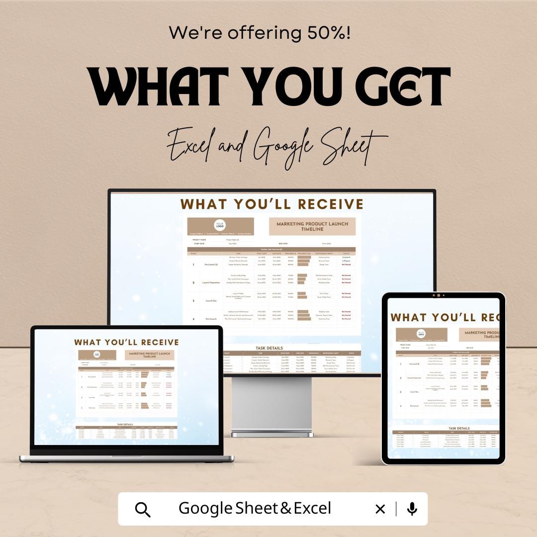 Marketing Product Launch Timeline Sheet | Excel and Google Sheet Template for Product Launch Plan | Project Timeline & Task Management