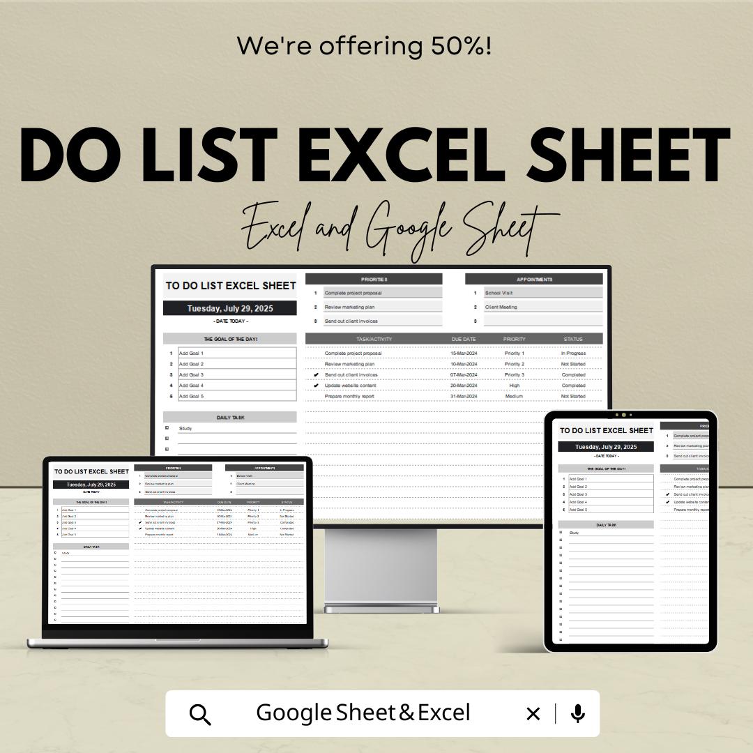 To Do List Excel Sheet | Task Management & Productivity Planner | Google Sheet Template for Organizing Tasks