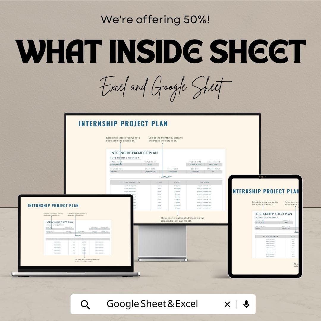 Internship Project Plan Sheet | Excel & Google Sheets Template | Internship Tracking | Activity Management Template | Project Plan Template