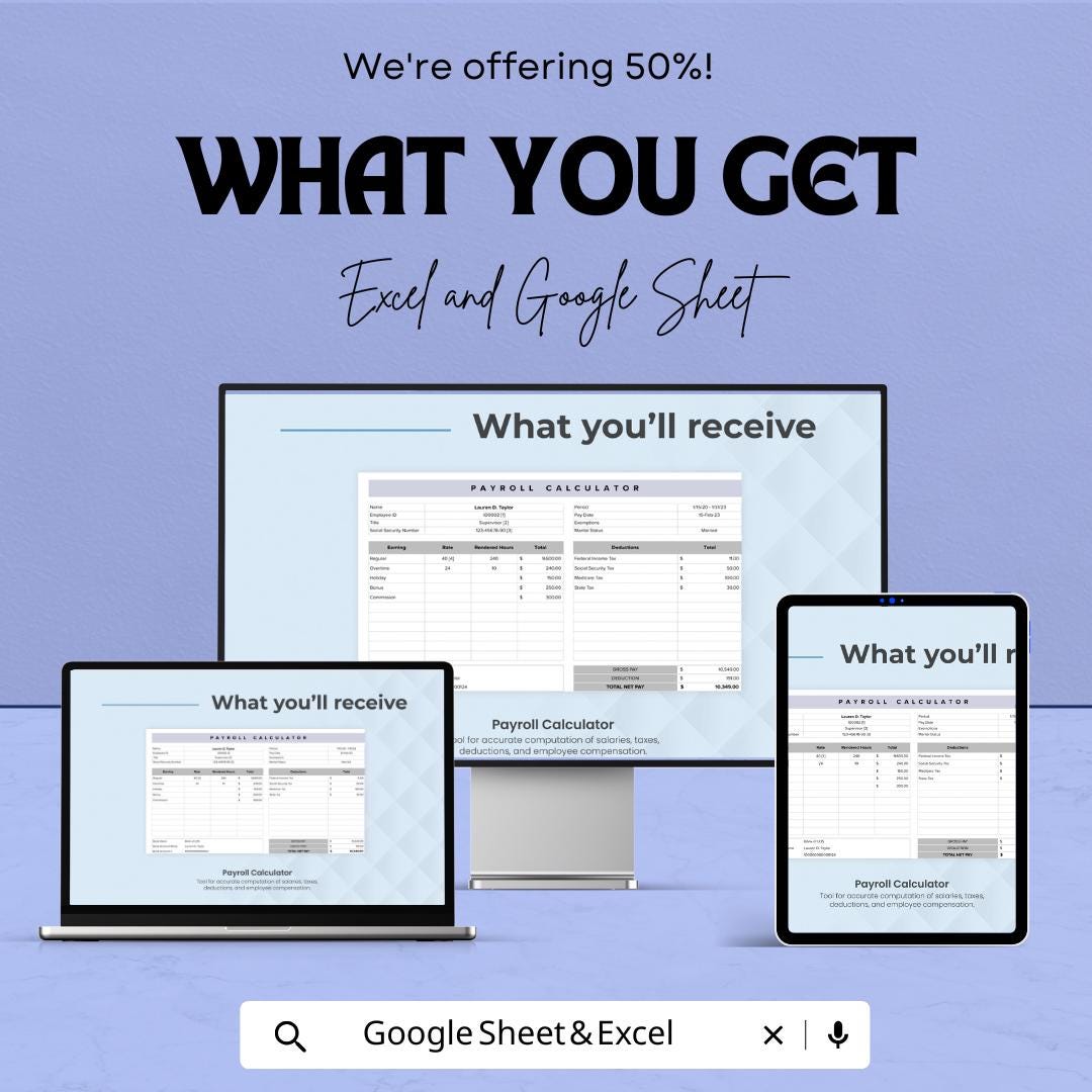 Payroll Calculator Sheet | Excel & Google Sheet | Calculate Earnings, Taxes, Deductions, and More | Easy-to-Use Payroll Management Template