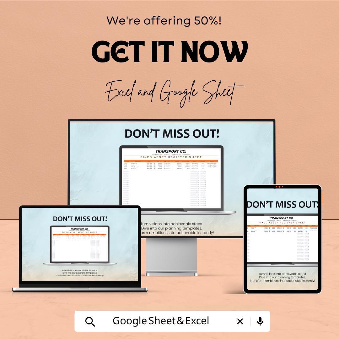 Transport and Logistics Fixed Asset Register Template | Asset Tracking Spreadsheet | Fleet and Equipment Register | Excel and Google Sheets