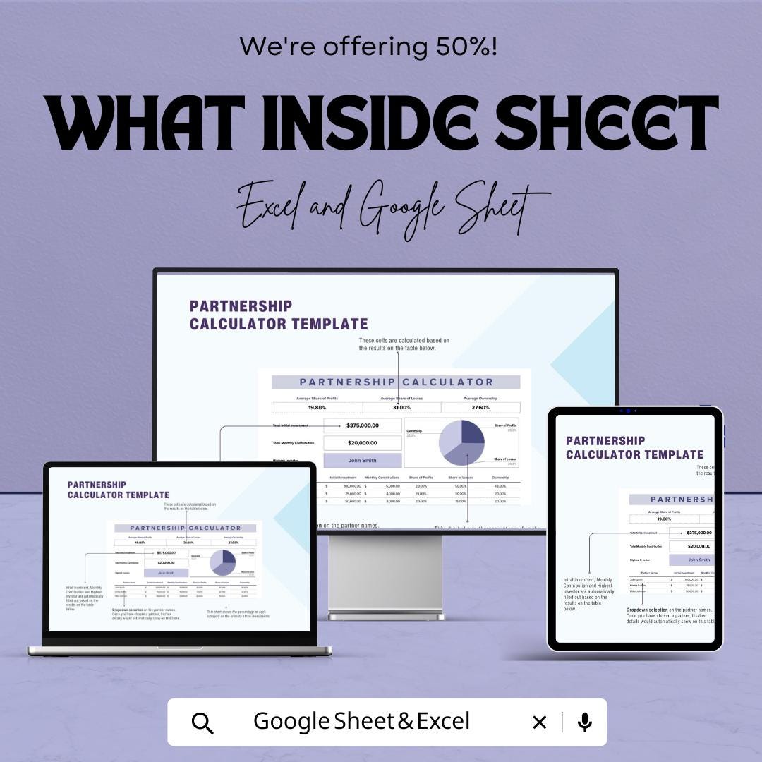 Partnership Calculator Template | Profit and Loss Distribution Calculator for Excel & Google Sheets