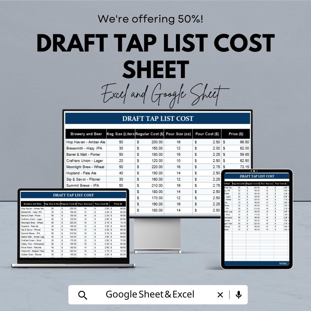 Draft Tap List Cost Sheet | Excel & Google Sheets Template | Editable Beer Tap Pricing List | Customizable Keg Cost Calculator |