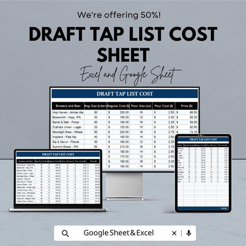 Draft Tap List Cost Sheet | Excel & Google Sheets Template | Editable Beer Tap Pricing List | Customizable Keg Cost Calculator |