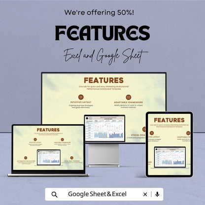 Marketing Multichannel Performance Dashboard Template Excel Google Sheets, Marketing Analytics Dashboard, KPI Tracker Spreadsheet