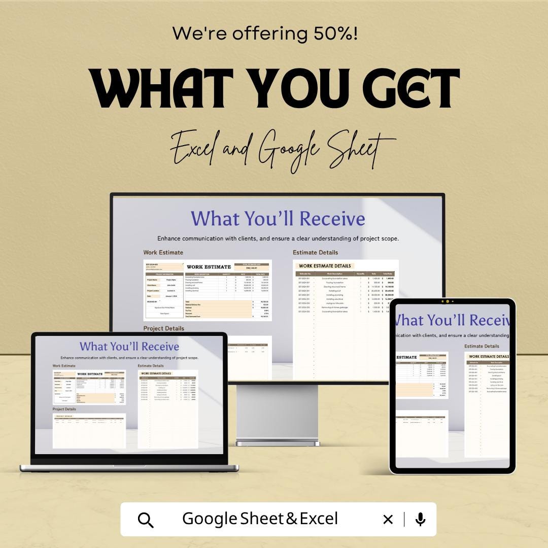 Work Estimate Template Excel Google Sheets | Construction Estimate Template | Job Costing Spreadsheet | Editable Business Estimate Invoice