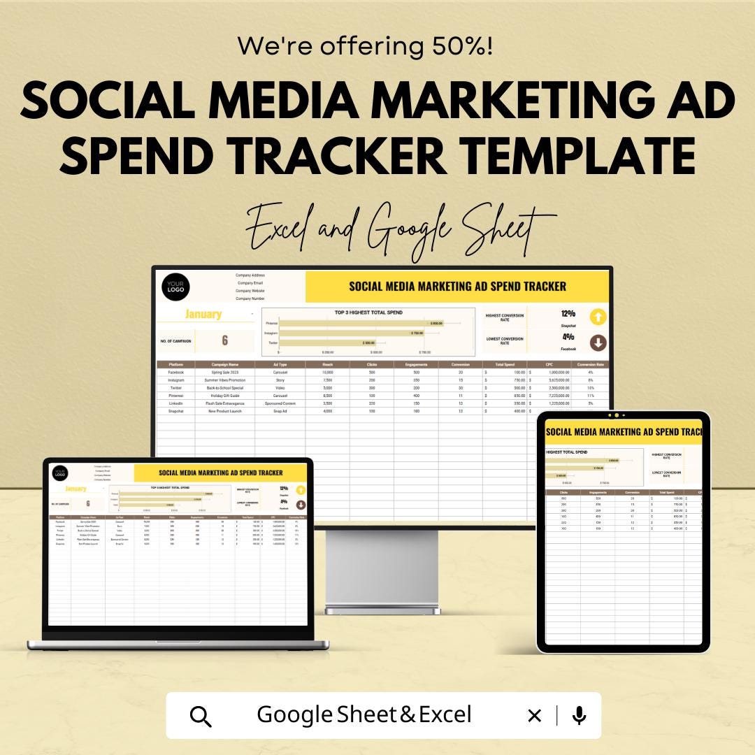 Social Media Marketing Ad Spend Tracker Template Excel & Google Sheets | Advertising Budget Spreadsheet | Campaign Performance Tracker