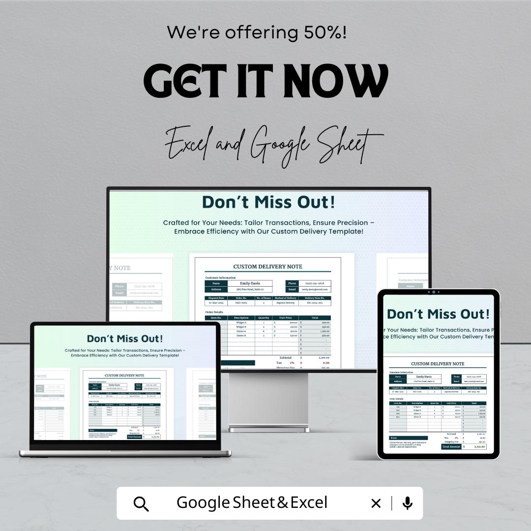 Custom Delivery Note Template for Excel and Google Sheets - Track Deliveries with Ease, Editable & Printable Delivery Sheet for Businesses