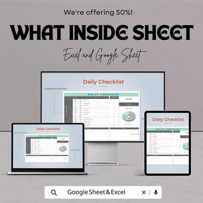 Daily Checklist Template - Excel & Google Sheet - Task Organizer, To-Do List, Goal Tracker