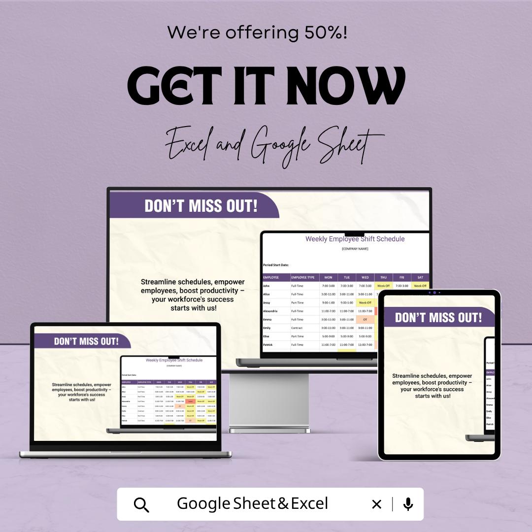 Sample Weekly Employee Shift Schedule Template | Staff Work Schedule Planner | Employee Roster Spreadsheet | Weekly Shift Planner