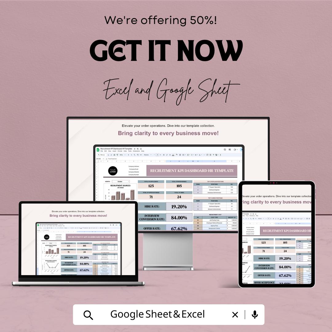 Recruitment KPI Dashboard HR Template - Google Sheet | HR Metrics Tracker for Recruitment Process | Employee Hiring & Performance Metrics