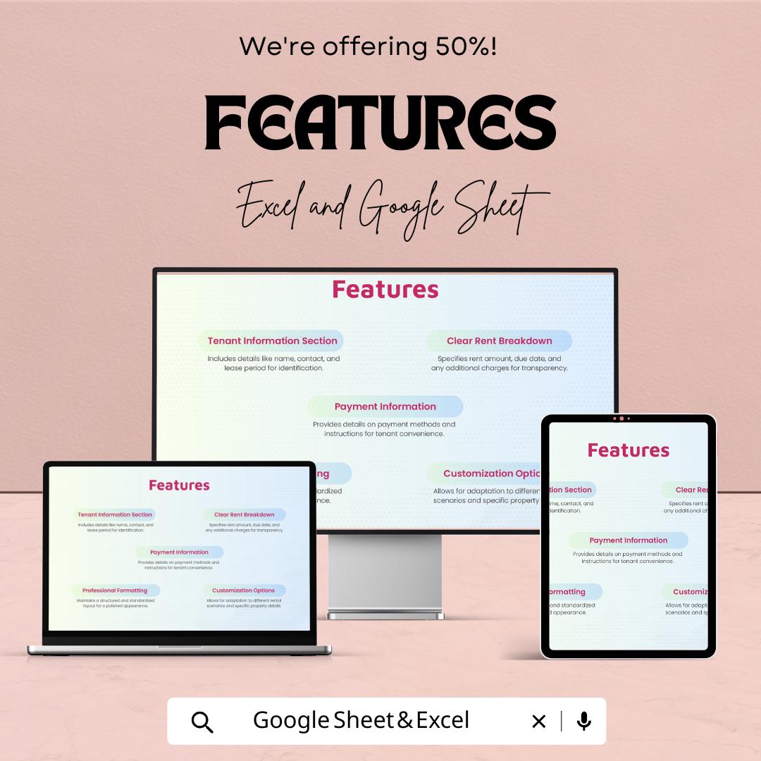 Rent Invoice Template | Excel & Google Sheets | Customizable Rental Invoice | Easy-to-Use Invoice for Rent Payments | Instant Download