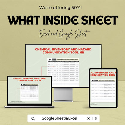 Chemical Inventory Template Excel, Hazard Communication Log, OSHA SDS Register, HR Safety Tracker, Google Sheets Chemical Inventory