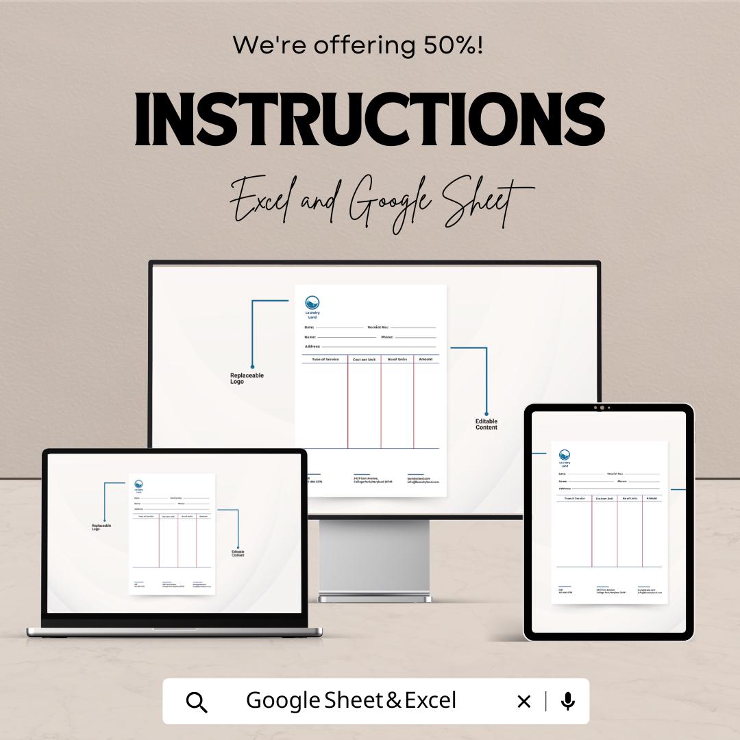 Laundry Receipt Sheet – Excel & Google Sheet Template | Customizable Receipt for Laundry Services | 50% Off