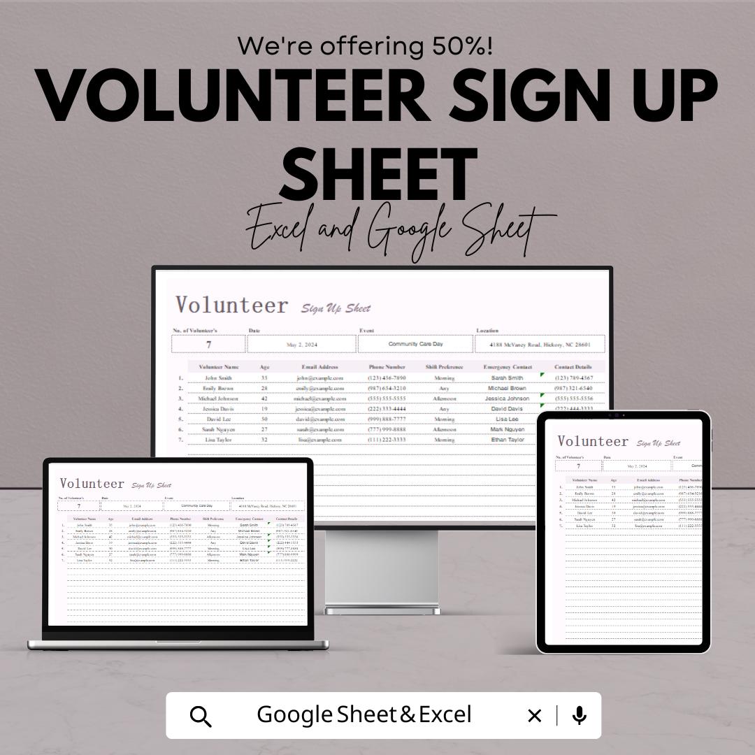 Volunteer Sign-Up Sheet | Event Registration Template | Track Volunteers and Hours | Excel & Google Sheets | Instant Download