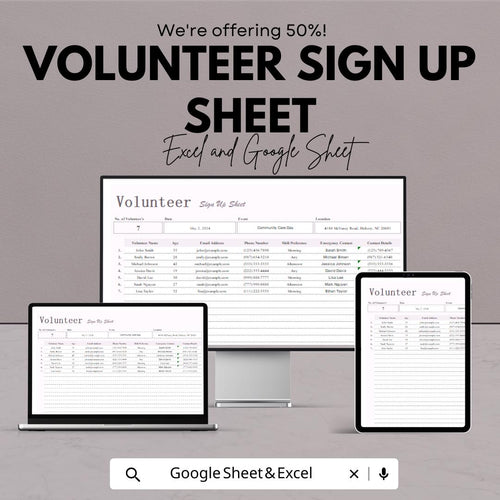 Volunteer Sign-Up Sheet | Event Registration Template | Track Volunteers and Hours | Excel & Google Sheets | Instant Download