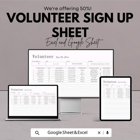 Volunteer Sign-Up Sheet | Event Registration Template | Track Volunteers and Hours | Excel & Google Sheets | Instant Download