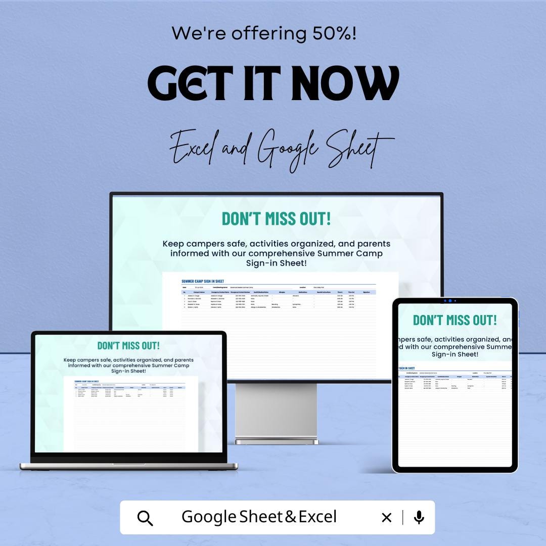 Summer Camp Sign-In Sheet | Excel & Google Sheets | Customizable | Activity Tracking Template | Camper Registration