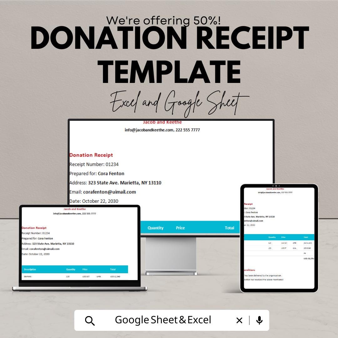 Donation Receipt Template | Excel & Google Sheets | Charity Donation Form | Nonprofit Receipt | Editable Template | Digital Download