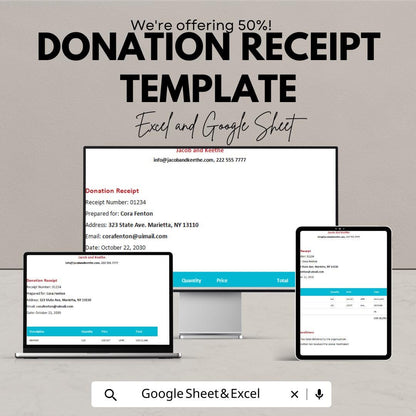 Donation Receipt Template | Excel & Google Sheets | Charity Donation Form | Nonprofit Receipt | Editable Template | Digital Download