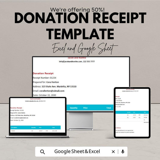 Donation Receipt Template | Excel & Google Sheets | Charity Donation Form | Nonprofit Receipt | Editable Template | Digital Download