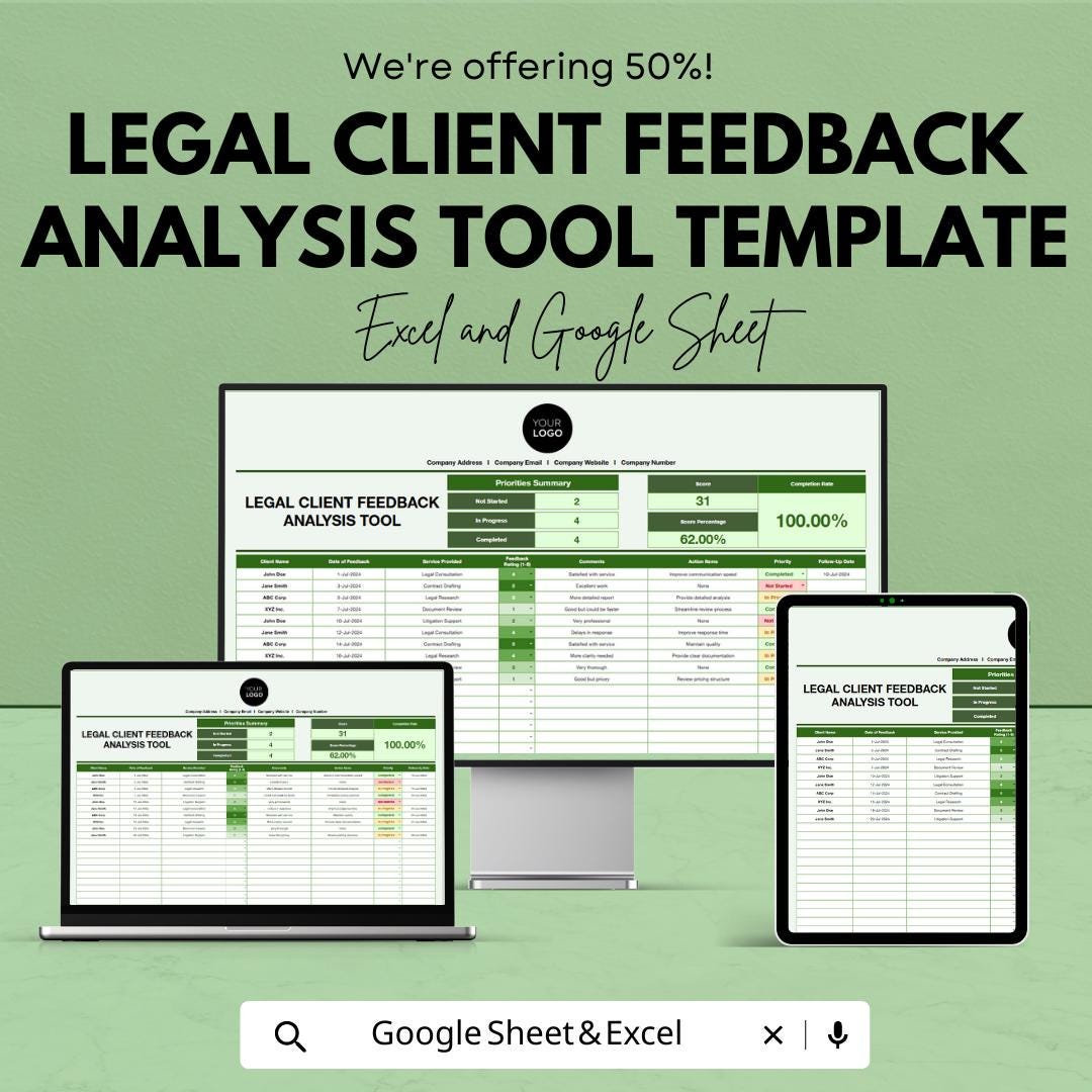 Legal Client Feedback Analysis Tool Template, Law Firm Feedback Tracker, Client Satisfaction Spreadsheet,  Legal Survey Log