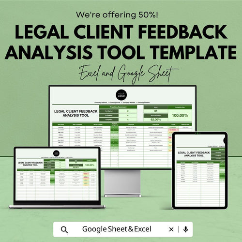 Legal Client Feedback Analysis Tool Template, Law Firm Feedback Tracker, Client Satisfaction Spreadsheet,  Legal Survey Log