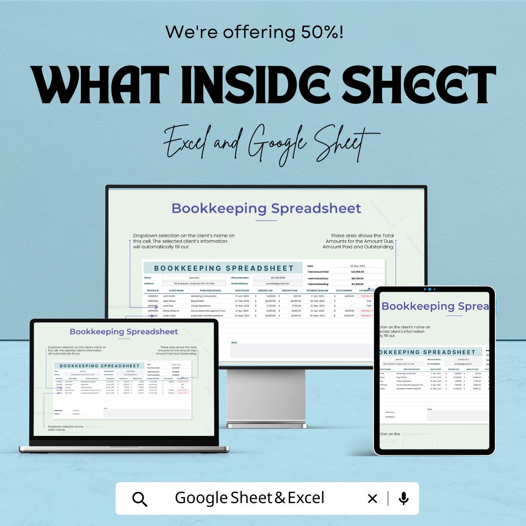 Bookkeeping Spreadsheet Template | Small Business Bookkeeping | Client Tracker | Invoice Tracker | Finance Spreadsheet | Accounting Template