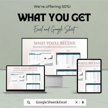 Sales Growth Rate Calculator Sheet | Excel and Google Sheets Template | Monthly & Yearly Sales Tracking | 50% OFF