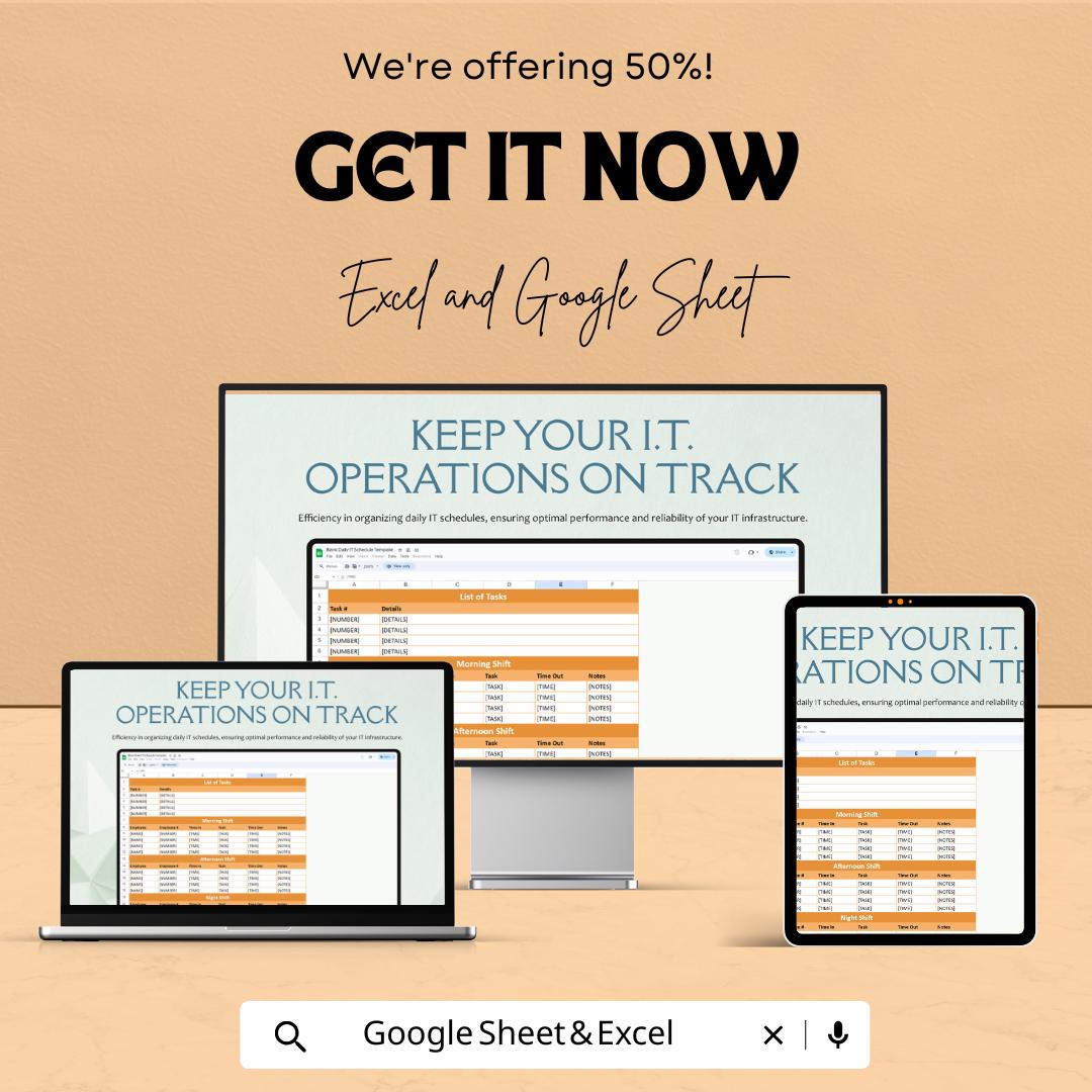 Blank Daily IT Schedule Sheet | Excel & Google Sheet Template | Task Organizer | Shift Planner | Employee Task Tracker | 50% OFF Now!