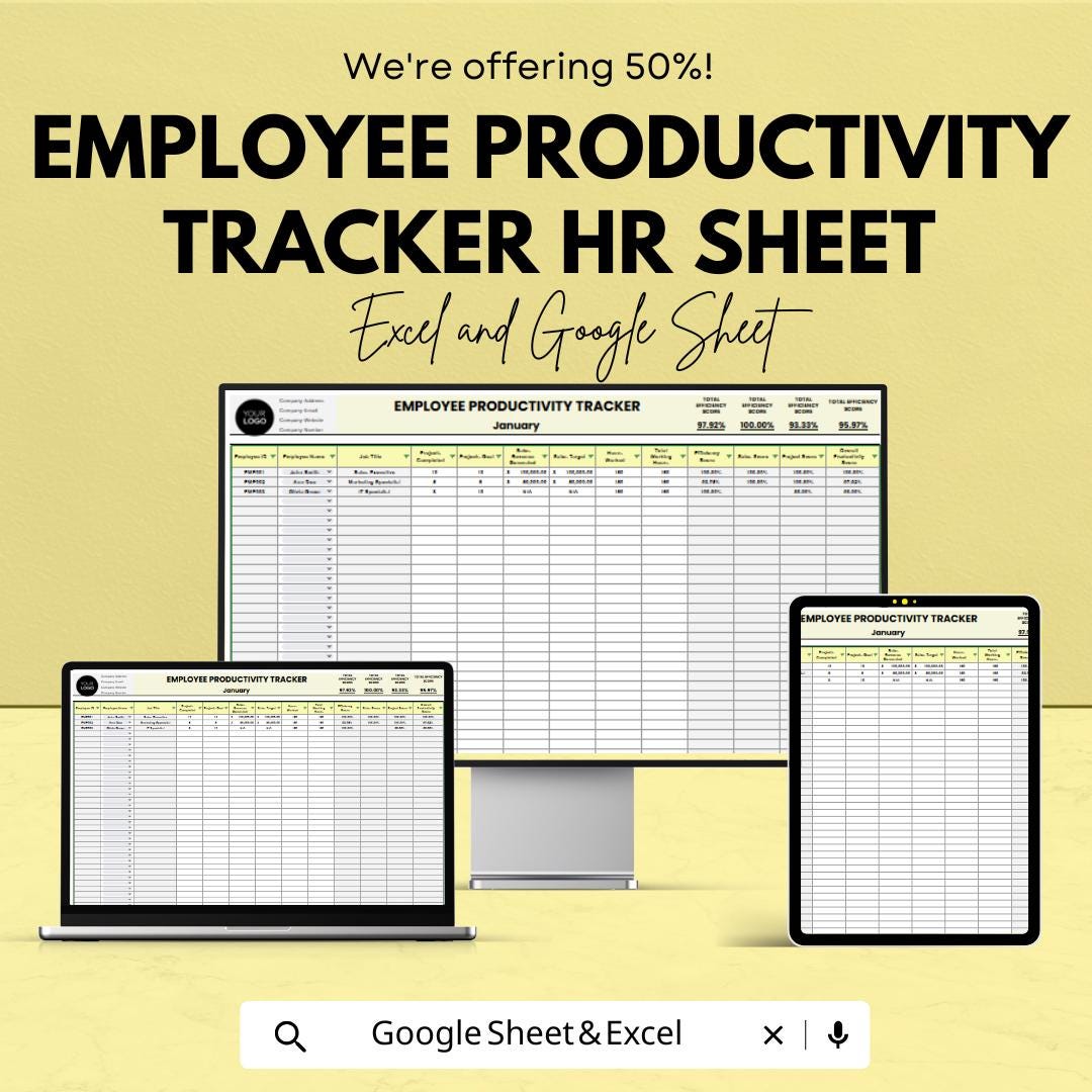 Employee Productivity Tracker HR Template - Excel & Google Sheets, Boost Team Efficiency, Performance Metrics, HR Management Tool