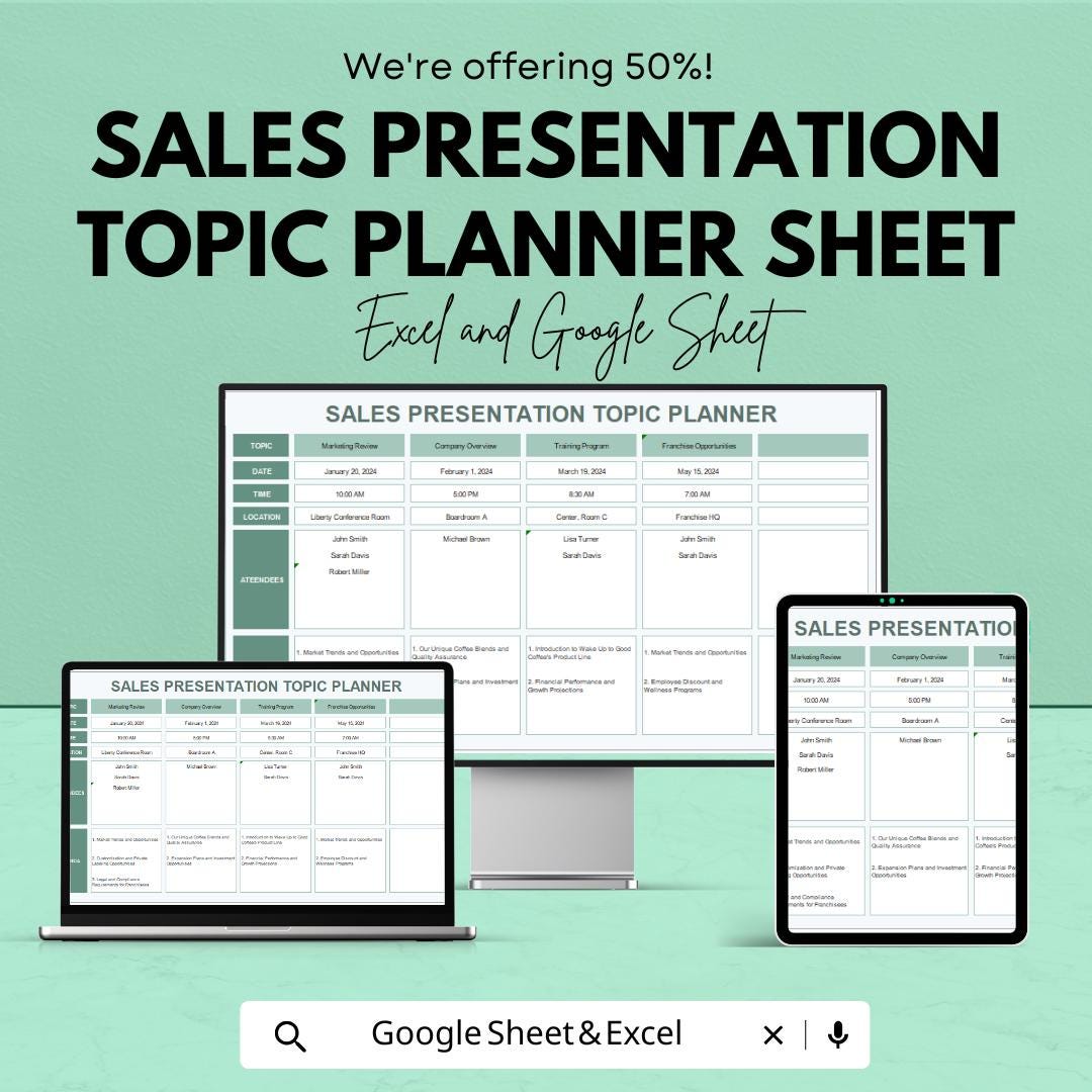 Sales Presentation Topic Planner Sheet – Excel and Google Sheets | Sales Presentation Organizer | Topic Brainstorming & Scheduling Template