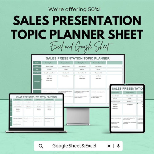 Sales Presentation Topic Planner Sheet – Excel and Google Sheets | Sales Presentation Organizer | Topic Brainstorming & Scheduling Template