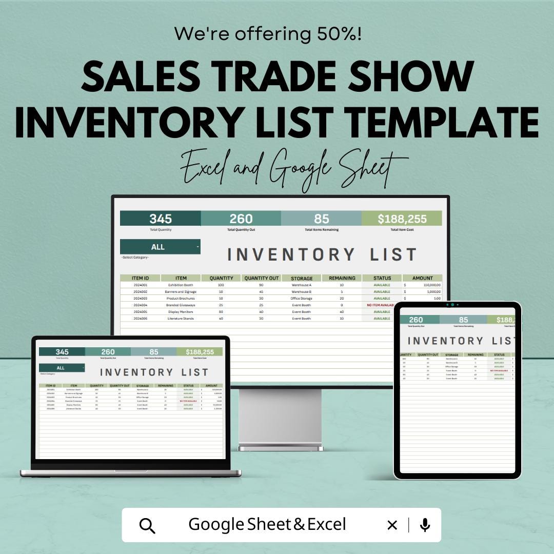 Sales Trade Show Inventory List Template  | Event Inventory Tracker | Booth Inventory Spreadsheet | Trade Show Stock List
