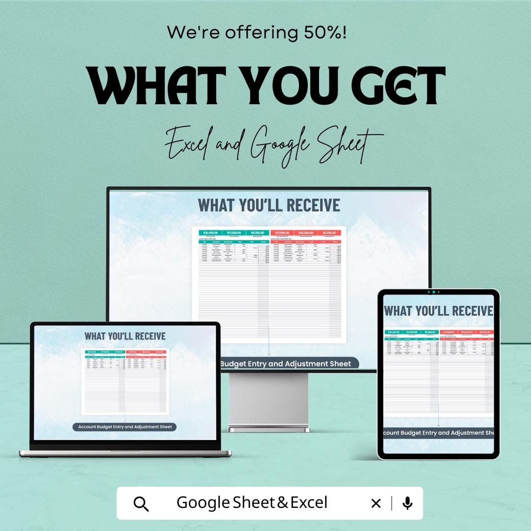Account Budget Entry & Adjustment Sheet | Automated Calculations | Real-Time Budget Tracking | Financial Planner Spreadsheet